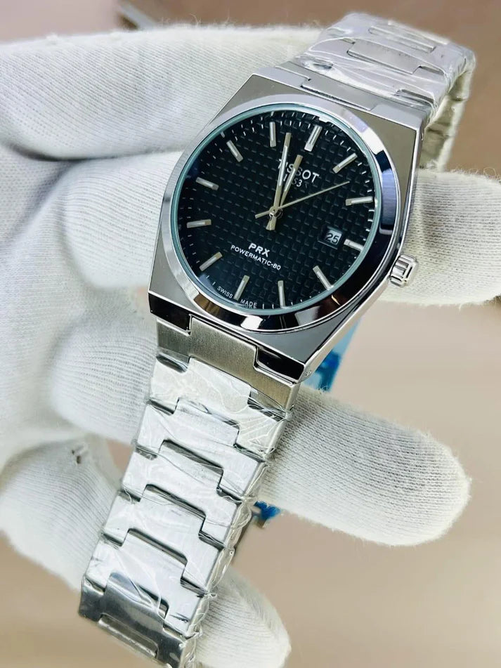 TISSOT PRX BLACK dial with silver chain