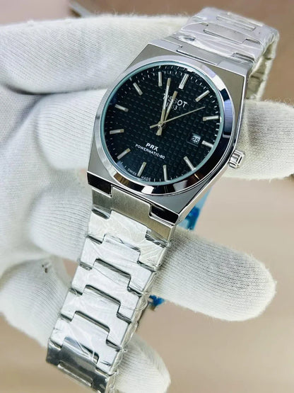 TISSOT PRX BLACK dial with silver chain