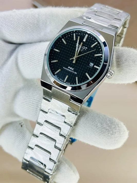 TISSOT PRX BLACK dial with silver chain