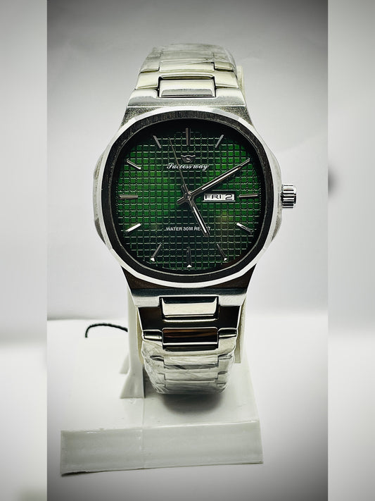 success way silver with green dial day and date